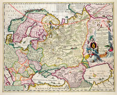 Karte von Kleinasien mit Norwegen, Schweden, Dänemark, Lappland, Polen, Türkei, Russland und der Moskauer Region, ca. 1626 von Nicolaes Jansz Visscher